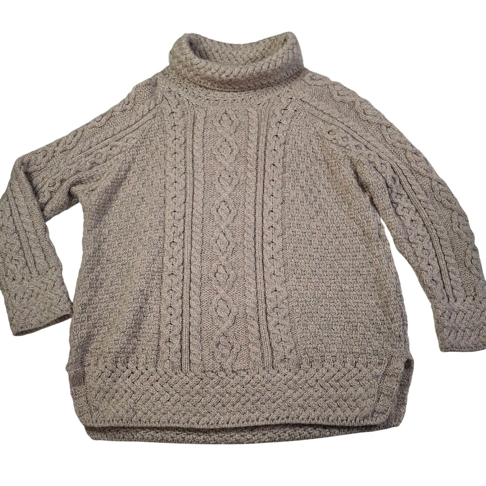Aran Woollen Mills Merino Wool Sweater XL Beige Cable Knit Turtleneck Ireland